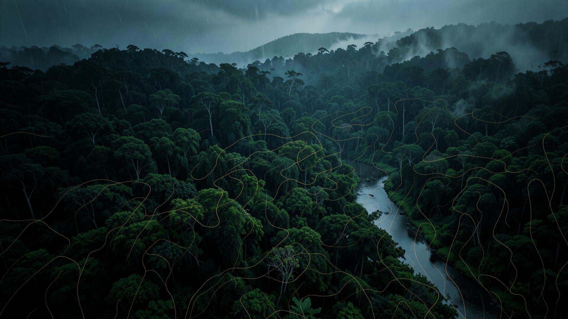 Aerial view of a dark rainforest with a winding river